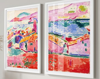 Matisse Print Set of 2 Prints, Henri Matisse Wall Art, Colorful Painting, Mid Century Art, Digital Download Red Pink Blue Printable Art #404