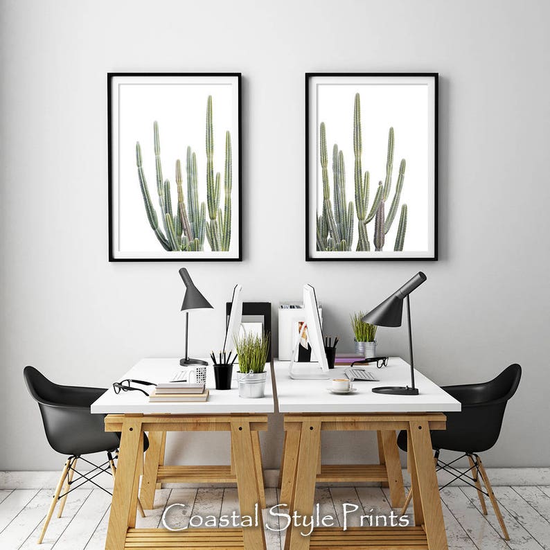 May include: Two framed prints of green cactus plants on a white background, hanging on a white wall above two white desks with black chairs. The desks are made of wood and have a natural finish. The chairs are modern and have a black metal frame. The desks are decorated with plants, books, and other office supplies.