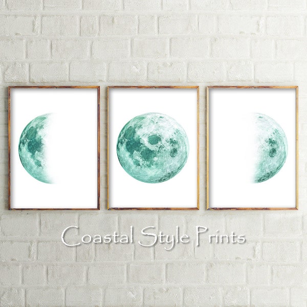Green Moon Phase 3 Piece prints, Moon Phase Wall Art, Moon Print, Astronomy Wall Art, Moon Photography, Aqua Moon Decor, Mint Green Images
