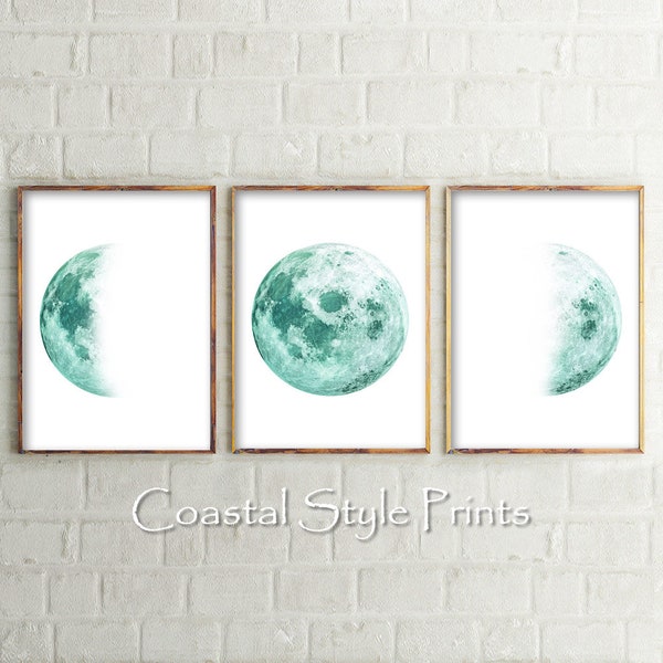 Aqua Moon Phase, 3 Piece prints, Moon Phase Wall Art, Moon Print, Astronomy Wall Art, Moon Photography, Aqua Moon Decor, Mint Green Images