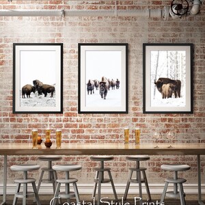 May include: Three framed prints of bison in a snowy landscape. The prints are hanging on a brick wall above a wooden table with stools. The prints are black and white and feature a group of bison in the snow.