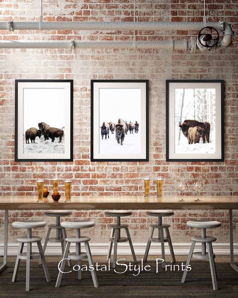 May include: Three framed prints of bison in a snowy landscape. The prints are hanging on a brick wall above a wooden table with stools. The prints are black and white and feature a group of bison in the snow.