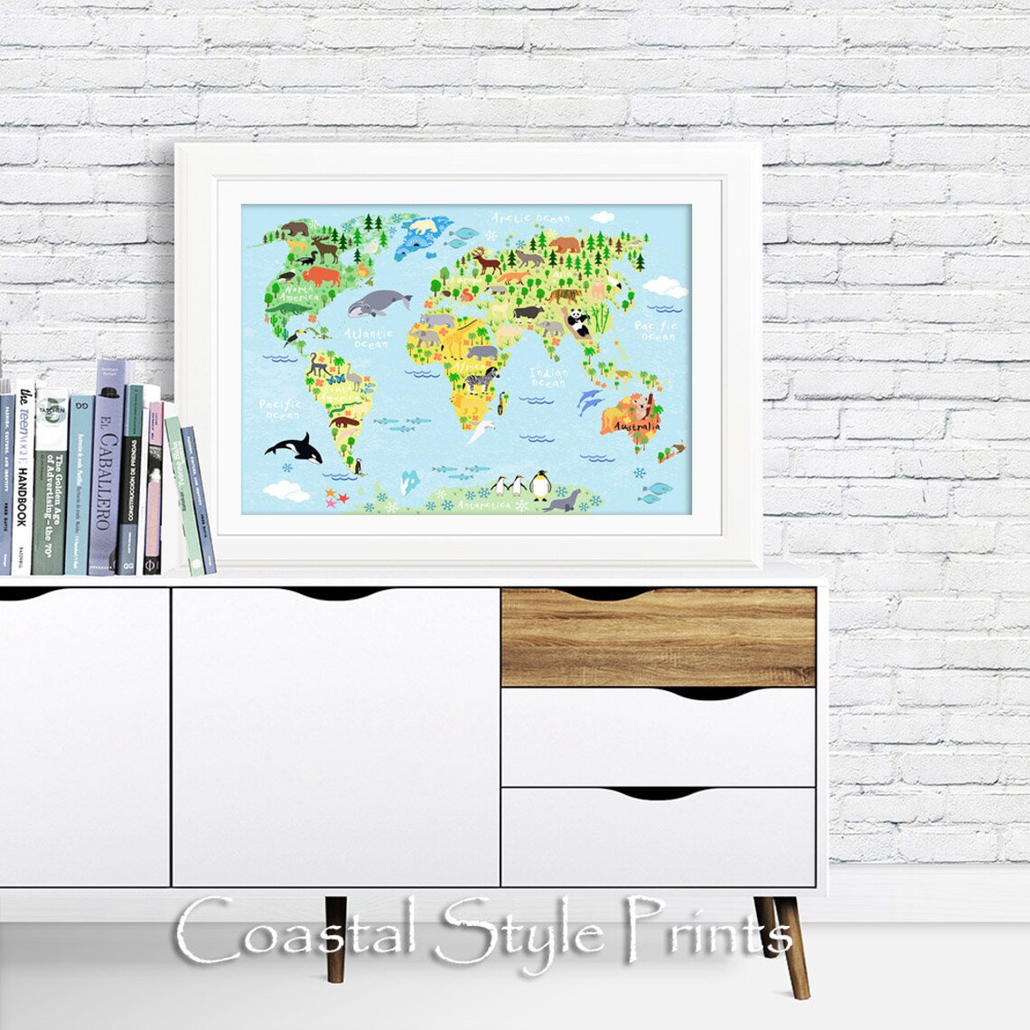 Classroom Wall Art, Labelled Kids World Map Print Animals Nursery Decor ...