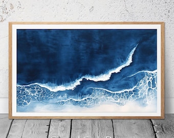 Navy Beach Horizontal Large Wall Art, Watercolor Sea Print, Ocean Art Digital Download, Ocean Painting, Ocean Print, Coastal Wall Decor #531