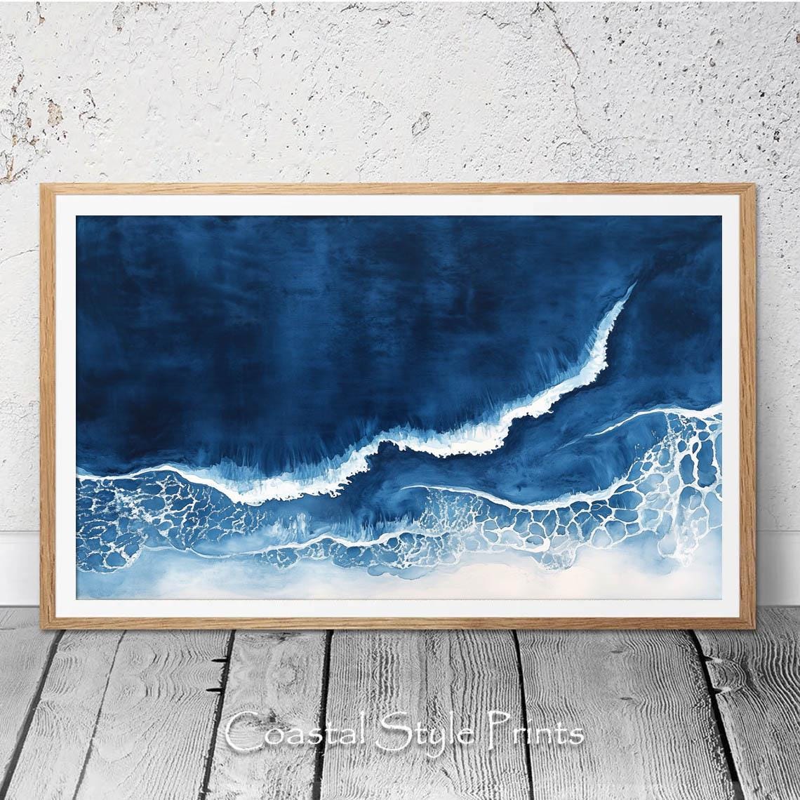Navy Beach Horizontal Large Wall Art, Watercolor Sea Print, Ocean