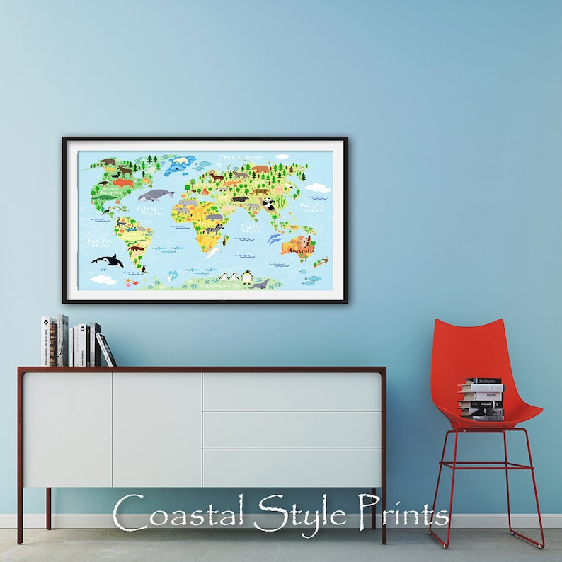 Classroom Wall Art, Labelled Kids World Map Print Animals Nursery Decor ...