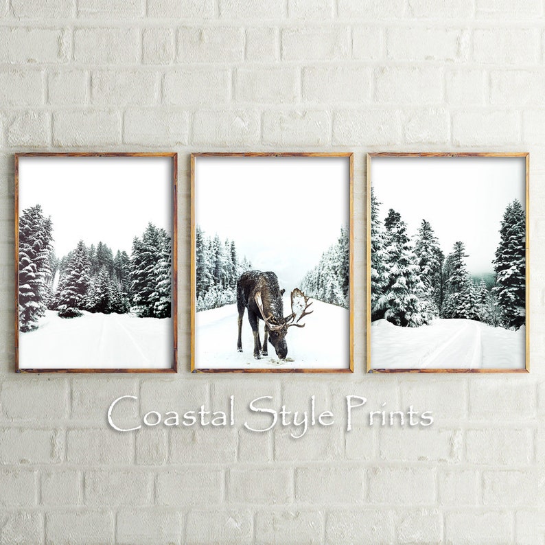 Winter Decor Gift Wall Art Set Of 3 Moose Print Scandi Nursery Snow Trees