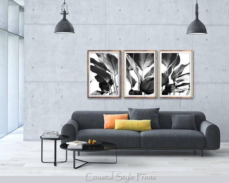 Black and White Print Set, Botanical Print, Printable Wall Art, Set Of 3 Prints, Banana Leaves Print, Digital Download, BW Palm Leaves, 143 image 2