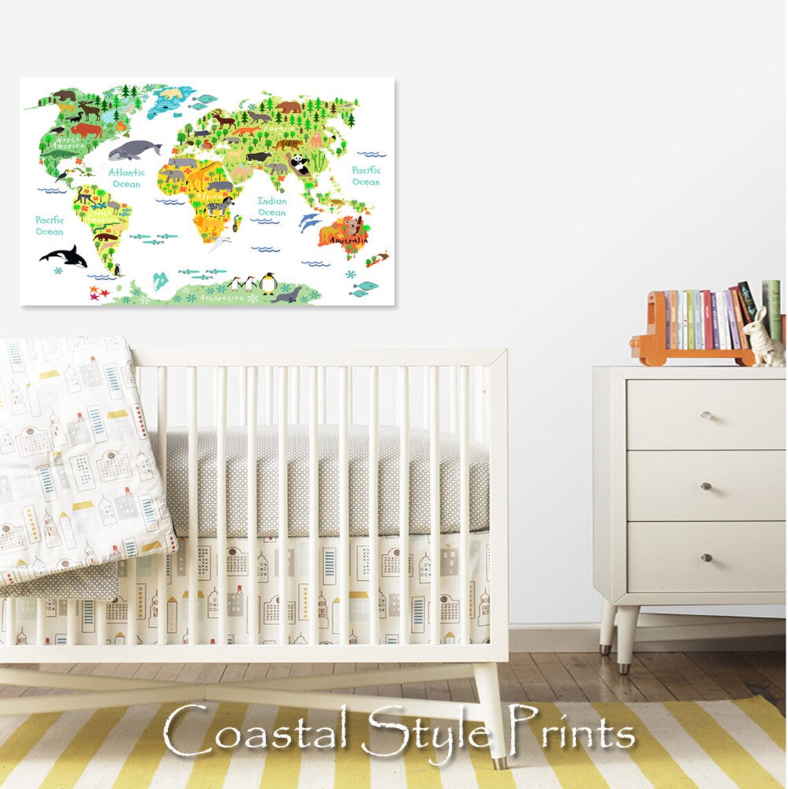 Kids World Map Print Animals Nursery Decor Large Kids Wall Art Boys ...