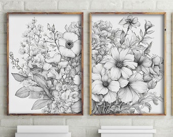 Black and White Prints, Floral Illustration Print, Set Of 2 Modern Wall Art, Black and White Wall Art, Botanical Art, Floral Art Print #427
