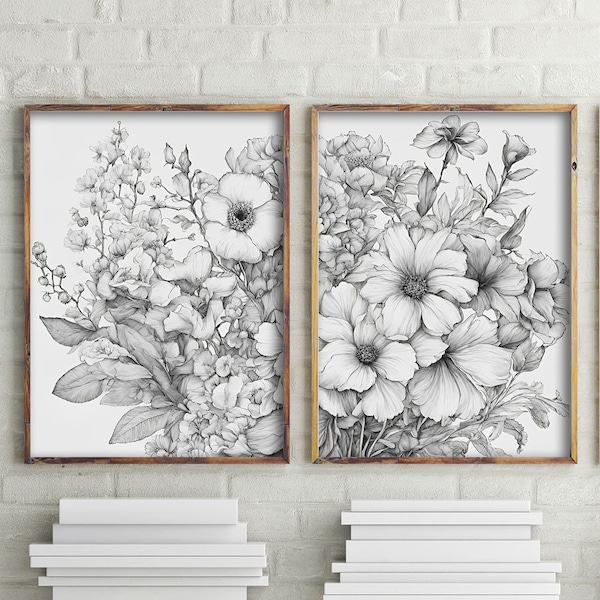 Black and White Prints, Floral Illustration Print, Set Of 2 Modern Wall Art, Black and White Wall Art, Botanical Art, Floral Art Print #427