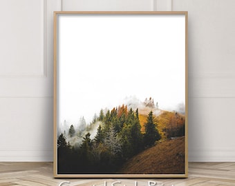 Fall Wall Art, Alpine Forest Print, Printable Fall Decor, Fall Mountains, Foggy Mountain, Winter Photography, Autumn Print, Winter Art