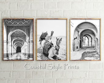 Moroccan Magic Wall Art, 3 Prints Set, Black and White Printable Art,Boho Wall Decor,Wall Art Prints,Architecture Print,Camel Photography