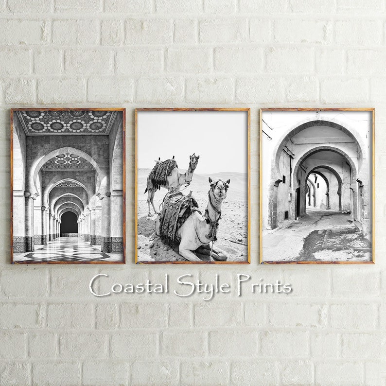 Moroccan Magic Wall Art, 3 Prints Set, Black and White Printable Art,Boho Wall Decor,Wall Art Prints,Architecture Print,Camel Photography image 1