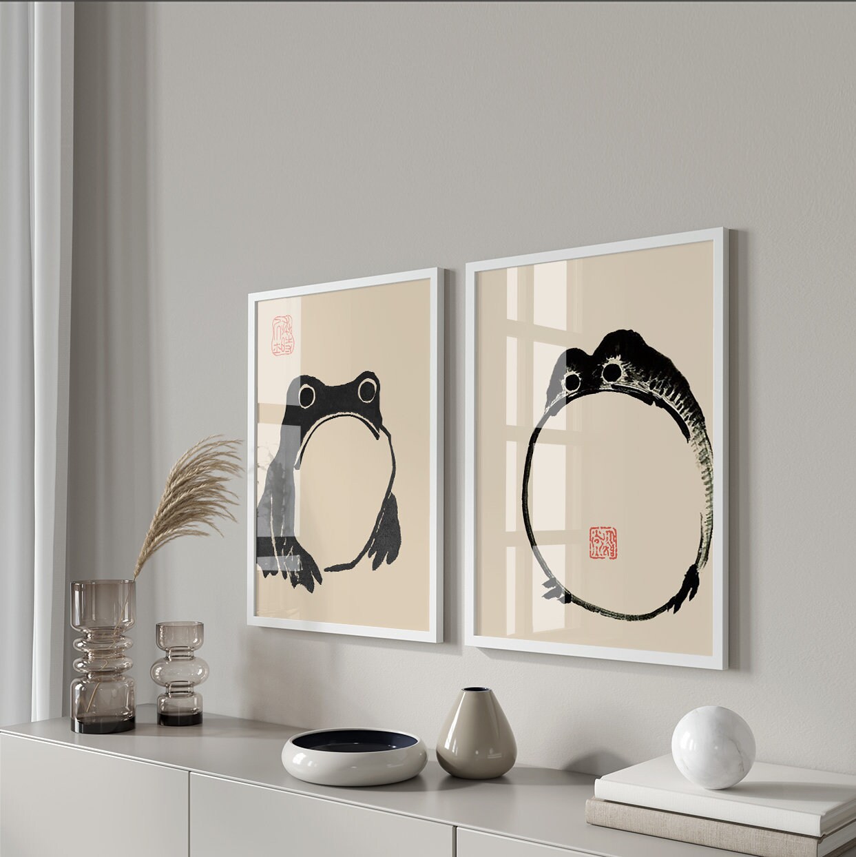 Japanese Matsumoto Hoji Frog Print Set, Vintage Wall Art, Set of 2