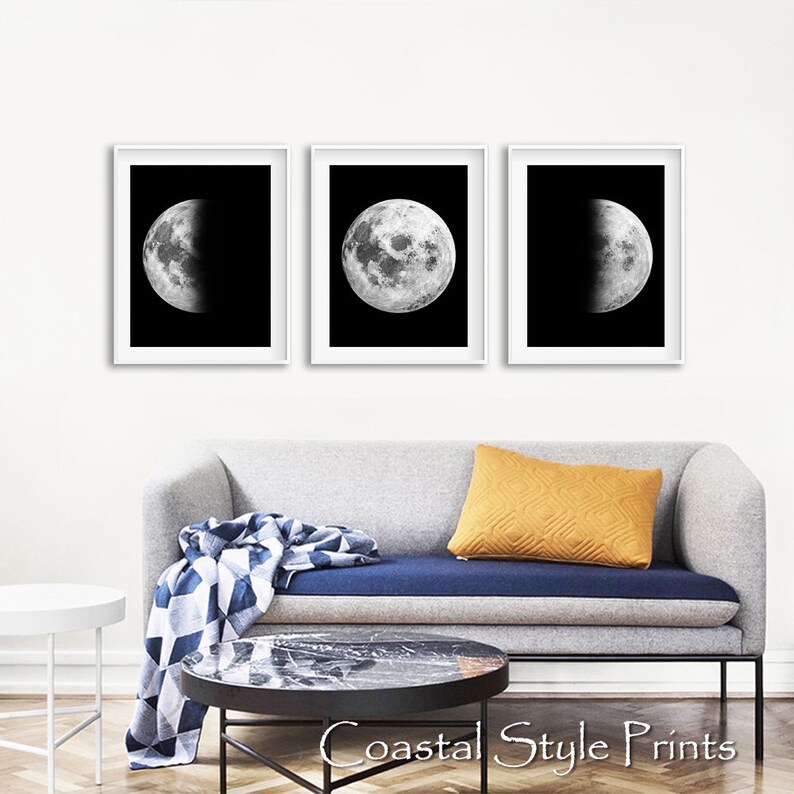 Set Of 3 Prints Black and White Wall Art Moon Phase Print Etsy