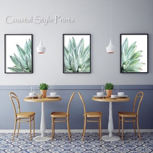 Pu&ograve; includere: Tre stampe incorniciate di una pianta di agave verde su sfondo bianco. Le stampe sono appese a una parete blu chiaro sopra un tavolo da pranzo con quattro sedie. Il tavolo ha una base bianca e un piano in legno. Le sedie sono in legno e hanno una finitura marrone chiaro.