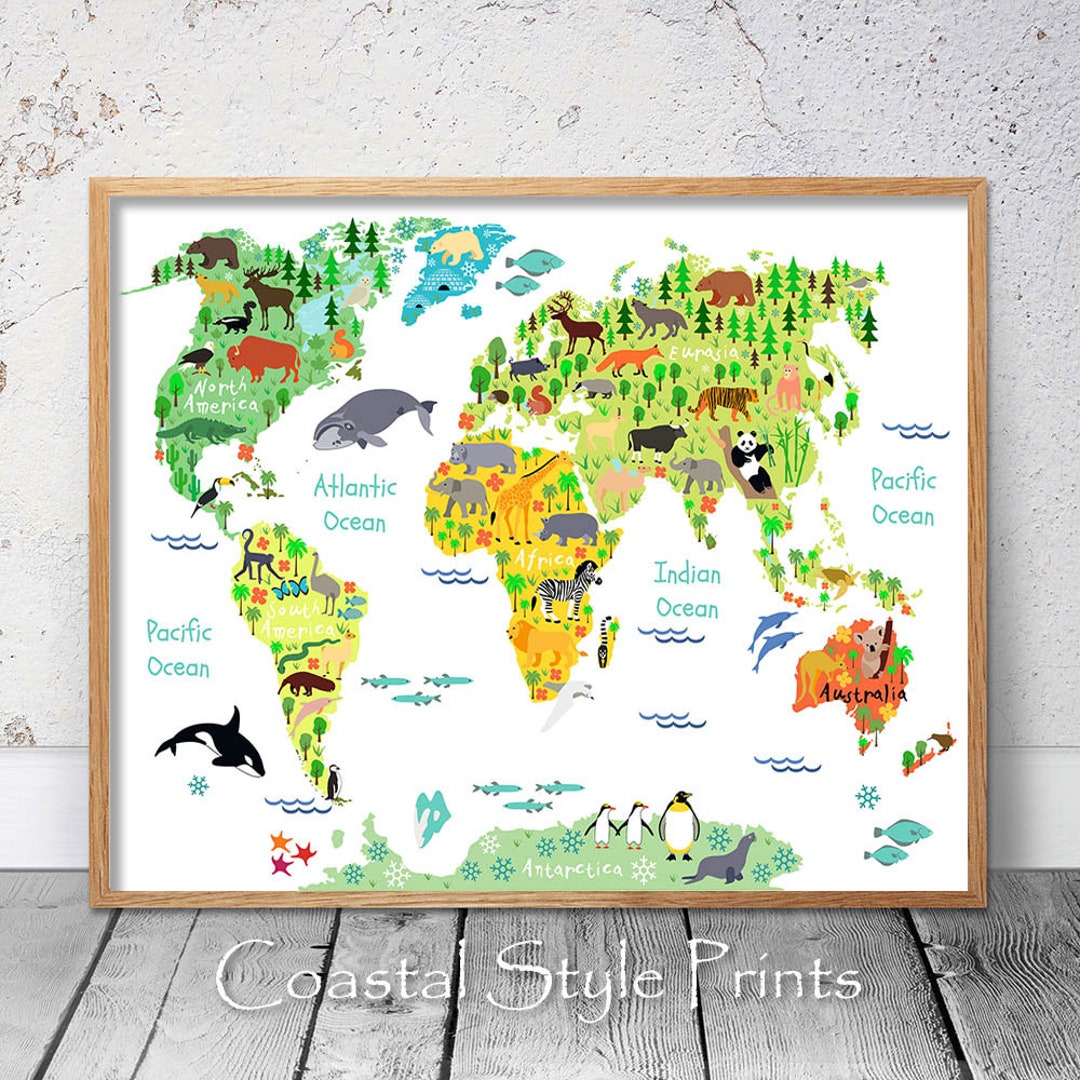 Kids World Map Print Animals Nursery Decor Large Kids Wall Art Boys ...