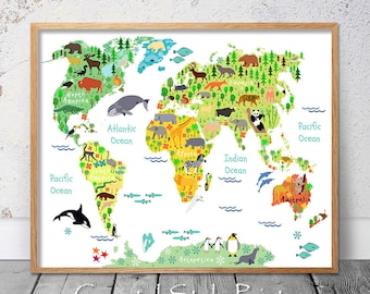 World Map Print Animals Nursery Decor Large Kids Wall Art Boys Neutral Nursery Wall Art White Printable Kids Map Boys Print Girls Print