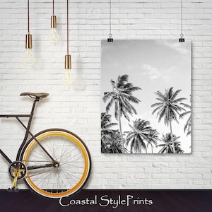 May include: Black and white photograph of palm trees against a cloudy sky. The image is printed on a canvas and framed with a thin black frame.