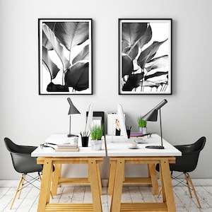 Black and White Prints, Banana Leaves Print, Set Of 2 Modern Wall Art, Black and White Wall Art, Botanical Art, Poster Print, Leaf Print image 3