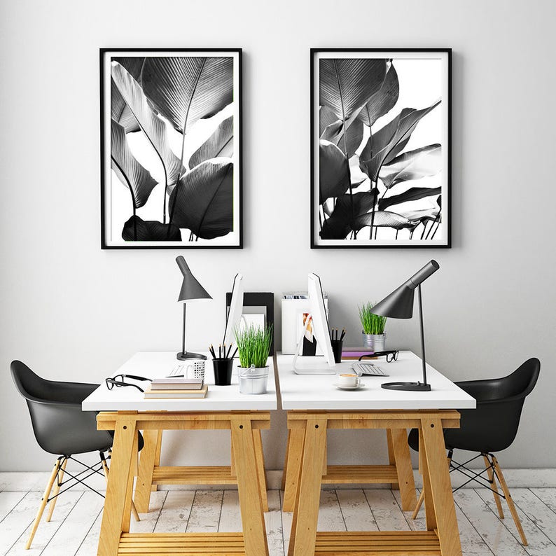 Black and White Prints, Banana Leaves Print, Set Of 2 Modern Wall Art, Black and White Wall Art, Botanical Art, Poster Print, Leaf Print image 3