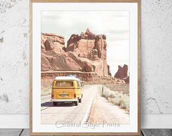 Desert Wall Art, Desert Print, Desert Photography, Travel Poster Yellow VW Combi Van Life Print Arizona Desert Print Texas Boho Cactus Print