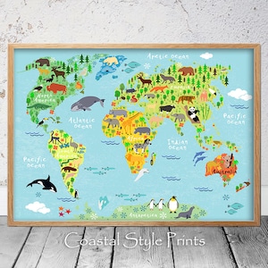 Weltkarte mit Tieren, Poster für Baby Zimmer Dekor, große Kinder Wandbild, Kunst für Baby Zimmer, blau Karte, Tiere Karte Australien