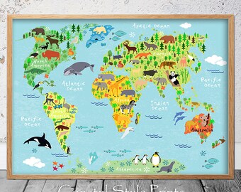 Kids World Map Print with Animals Nursery Decor Large Kids Wall Art Boys Room Wall Art Blue Nursery Wall Art Printable Animals Map Australia