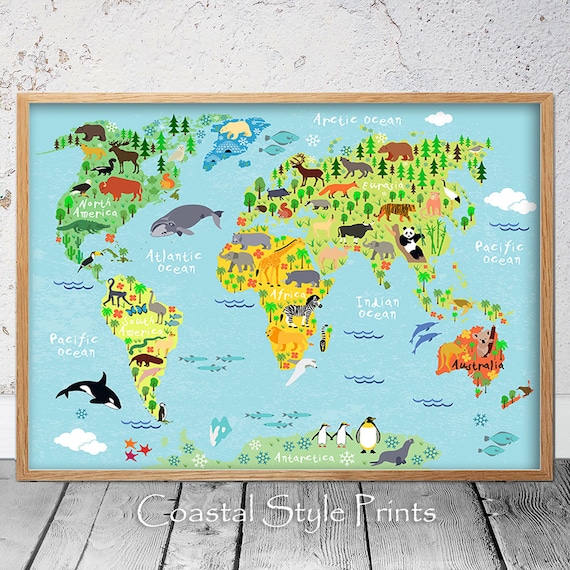 kids world map print with cute animals nursery decor large etsy