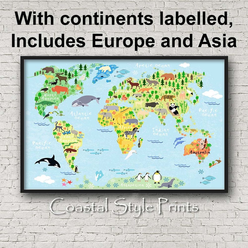 Classroom Wall Art, Labelled Kids World Map Print Animals Nursery Decor ...