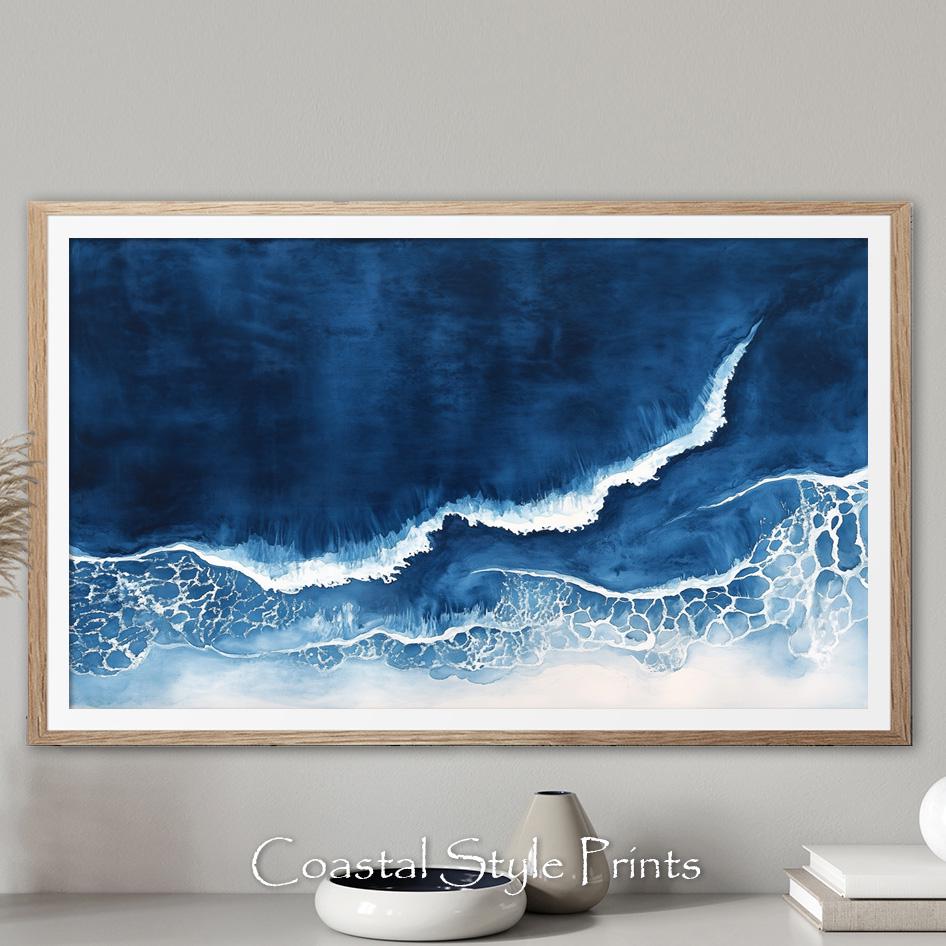 Navy Beach Horizontal Large Wall Art, Watercolor Sea Print, Ocean