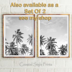 May include: Two black and white framed prints of palm trees against a cloudy sky. The text "Also available as a Set Of 2 see my shop" is printed above the prints. The text "Coastal Style Prints" is printed below the prints.