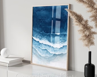 Navy Aerial Beach Watercolour Painting Wall Art, Sea Print, Ocean Art Digital Download, Ocean Painting, Ocean Print, Coastal Wall Decor #530