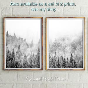 May include: Two framed black and white photographs of a misty forest scene. The text "Also available as a set of 2 prints, see my shop" and "Coastal Style Prints" are visible below the images.