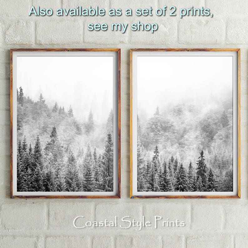 May include: Two framed black and white photographs of a misty forest scene. The text "Also available as a set of 2 prints, see my shop" and "Coastal Style Prints" are visible below the images.