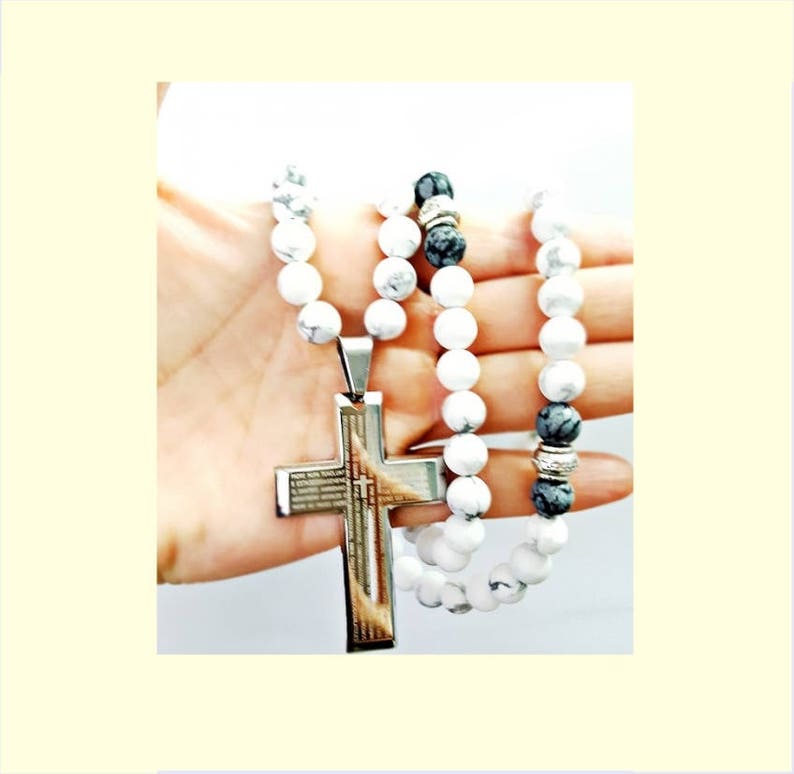 Beaded Necklace Cross Mens Cross Jewelry,Obsidian Jewelry Mens Gift for Him,8mm Stone Necklace Mens Hawlite Necklace Necklace for Men
