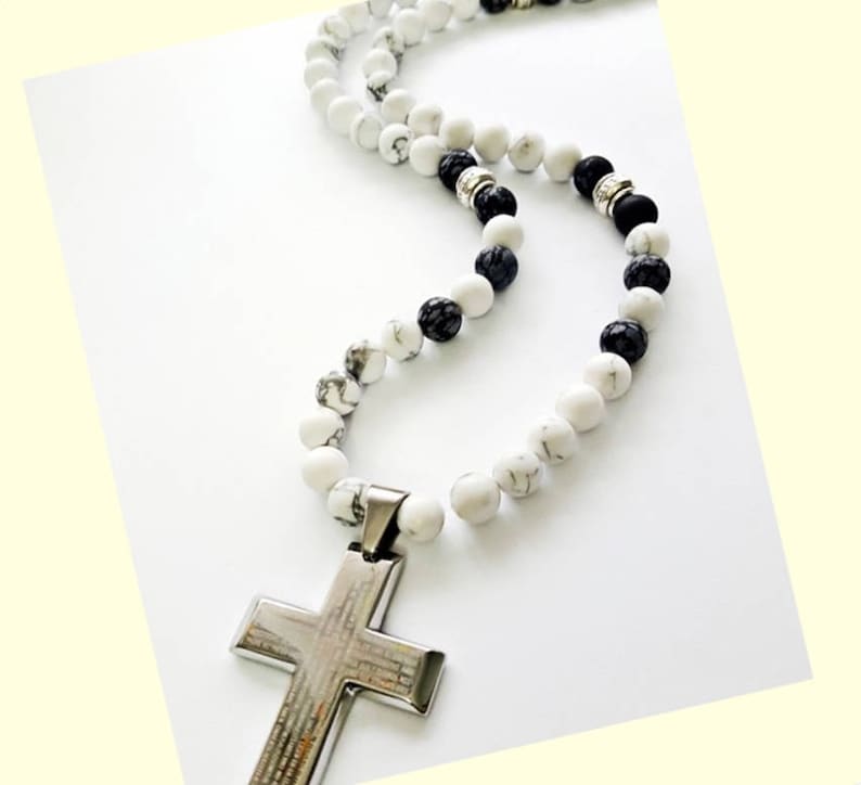 Beaded Necklace Cross Mens Cross Jewelry,Obsidian Jewelry Mens Gift for Him,8mm Stone Necklace Mens Hawlite Necklace Necklace for Men