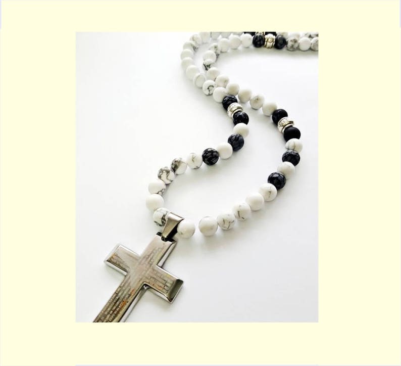 Beaded Necklace Cross Mens Cross Jewelry,Obsidian Jewelry Mens Gift for Him,8mm Stone Necklace Mens Hawlite Necklace Necklace for Men