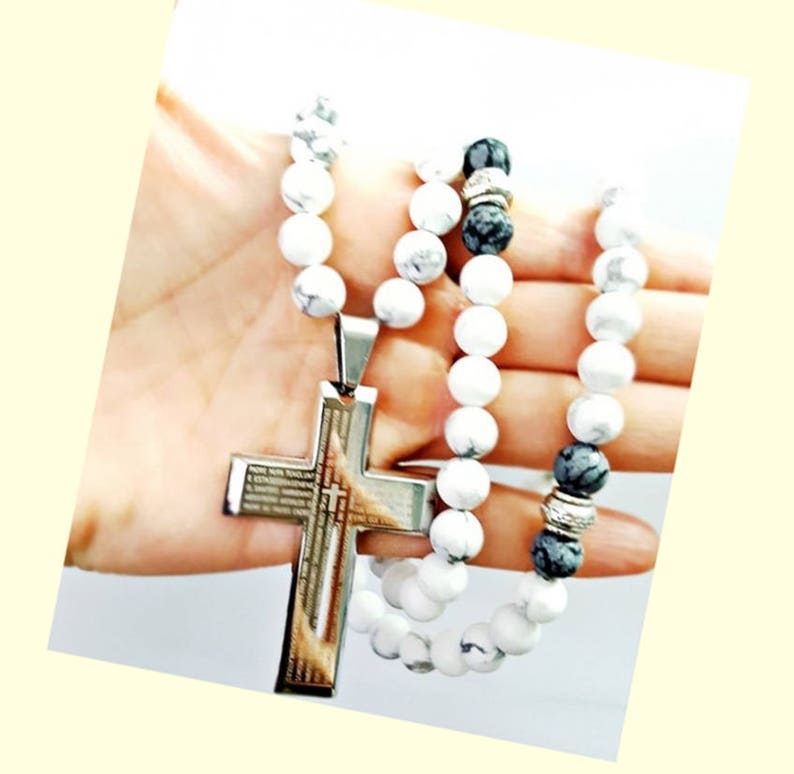 Beaded Necklace Cross Mens Cross Jewelry,Obsidian Jewelry Mens Gift for Him,8mm Stone Necklace Mens Hawlite Necklace Necklace for Men