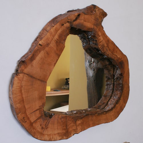 Tree slice log Mirror Live Edge Wood Rustic Ash Wood from a tree Cross-section with tree edge up or across Handmade Asymmetrical mirror