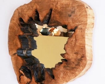 Tree slice log Mirror Live Edge Wood Rustic Elm Wood from a tree Cross-section with tree edge up or across Handmade Asymmetrical mirror