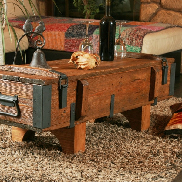 Rustic Coffee Table, Country Style End Table from Solid Pine, Large Storage Space Table, Width 99 cm.