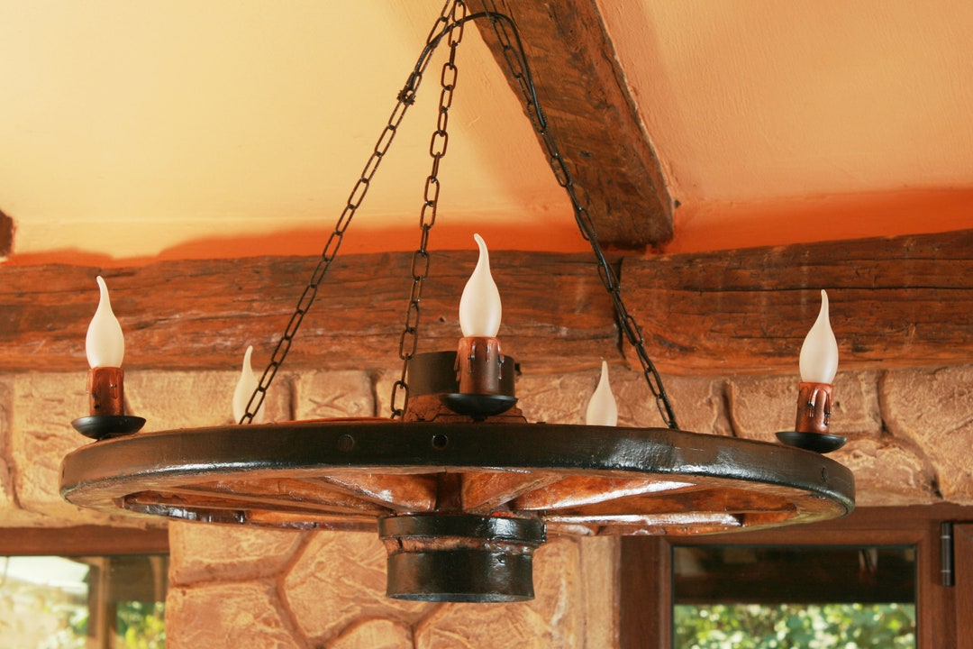 Wagon wheel online chandelier with fan