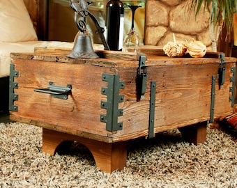 Old chest box coffee table reclaimed wood vintage trunk chest table rustic style handmade furniture