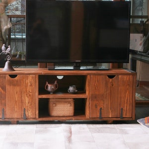 Rustic style dark wood TV cabinet stand with bookcase, solid wood furniture