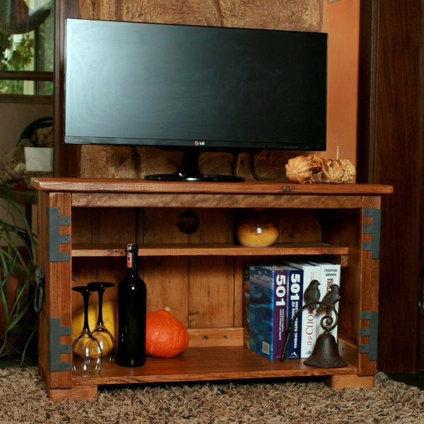 Meuble de rangement TV, support rustique, étagère à livres en bois massif, armoire