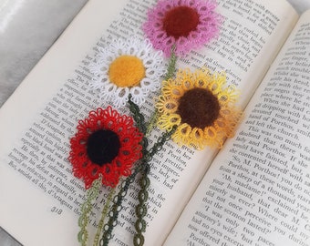 Tatting, tatted bookmark, flower bookmark, tatted lace, stocking filler, teacher gift, book lover gift, poppy, sunflower, daisy, coneflower