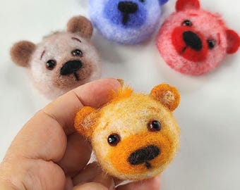 Cabeza de osito de peluche de lana fieltrada con aguja, imán para nevera, clip para rejilla de ventilación del coche (4 cm)