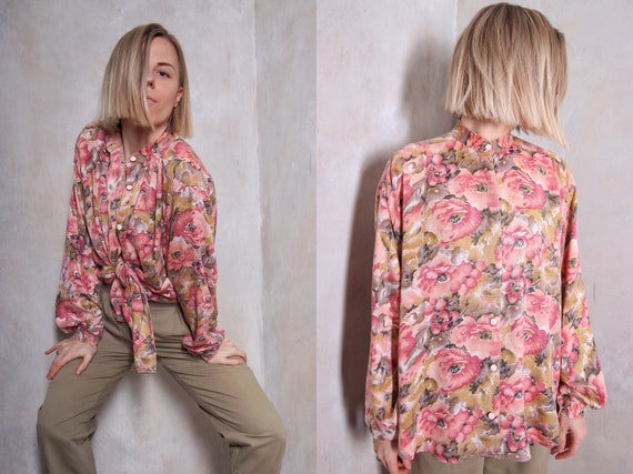 Pink floral silky ladies luxy vintage boho blouse